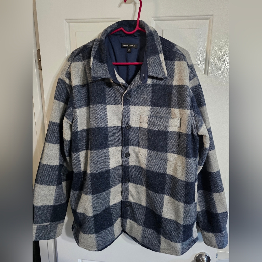 Banana Republic Navy Gray Buffalo Check Shirt Jacket Shacket XL Preppy Classic - Picture 2 of 8